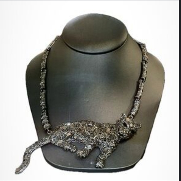 Natasha Couture Jewelry - Natasha Bling Panther Necklace NWT Blackend Silvertone With Glass & Black CZ's